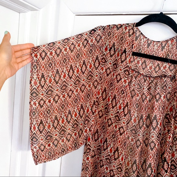 🥀 BOHO BURGUNDY RED BLACK SUMMER SHORT SLEEVE KIMONO, BEACH COVERUP! - Picture 3 of 6